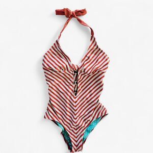 Guess Y2K Vintage Red Stripped Halter Plunge Neck One Piece Bathing Swim Suit XS